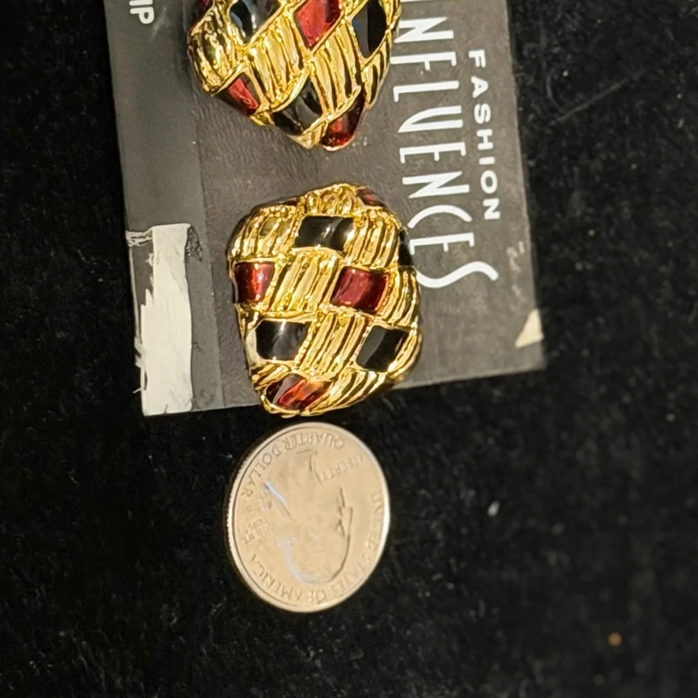 Gold Tone Clip-On Earrings with Red and Black Inlay